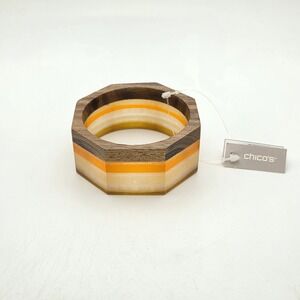New! CHICO'S Resin Wood Bracelet‎ Neutral Orange Wide Octagon Bangle W Tag